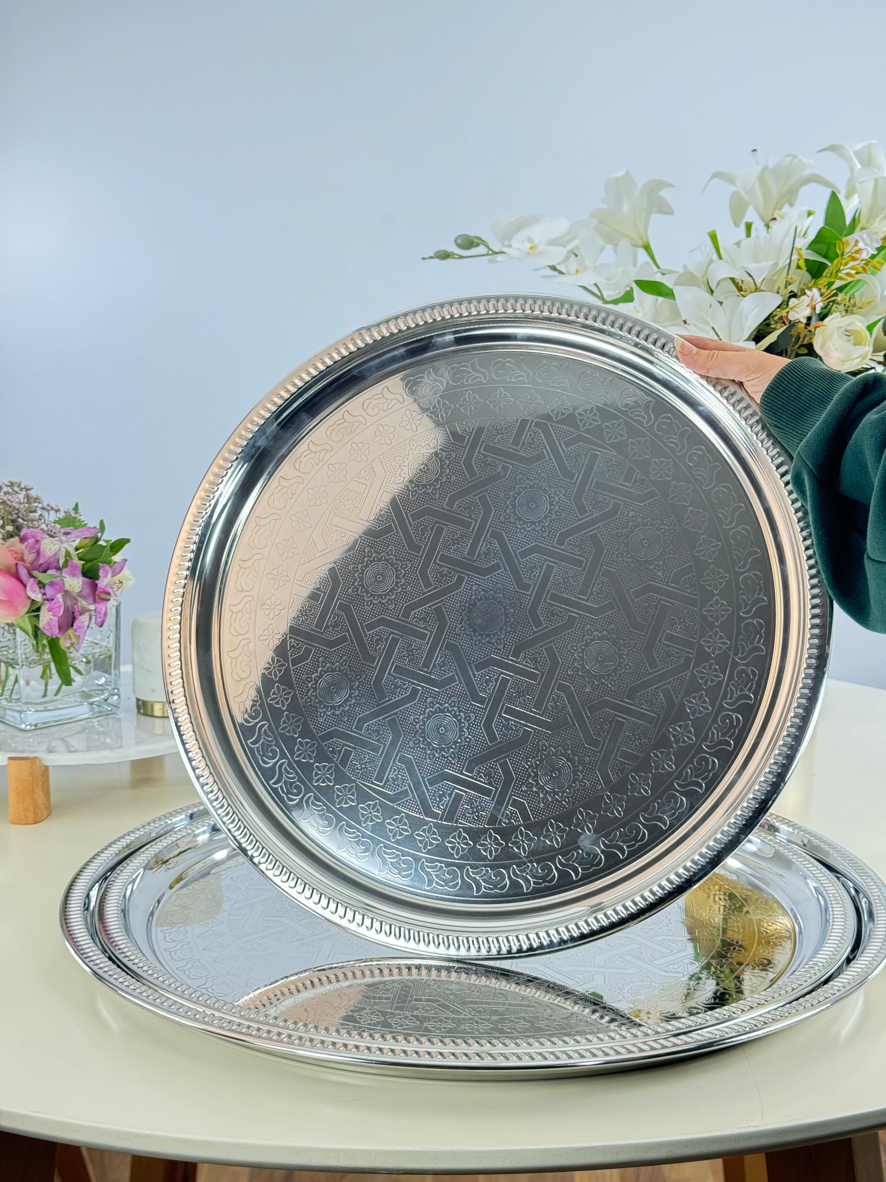 plateau rond en inox avec motif 45cm 50cm 55cm Bol brillant